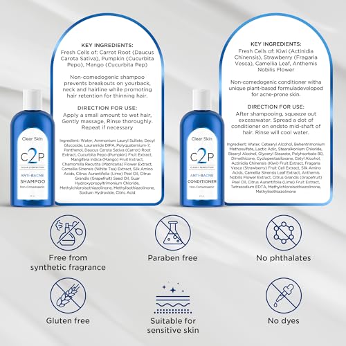 CLEAR 2 PERFECTION Acne Treatment Kit - Non-Comedogenic Haircare & Skincare Trio - Scrub, Shampoo & Conditioner - Ideal for Acne-Prone Skin & Bacne