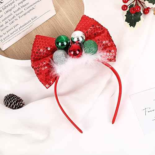 Christmas Headbands for Women, Christmas Ball Headband Red Bow Hair Hoops Sequin Design Cute Hair Bands Holiday Hair Decorations for Christmas Party Costume Props Hair Accessories (1Pcs)