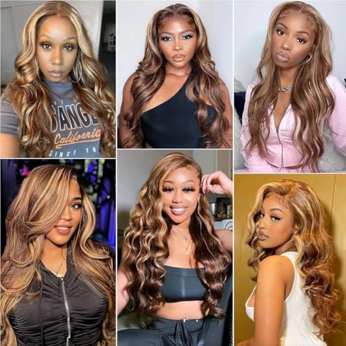 Ombre Human Hair Wig 13x4 Body Wave Lace Front Wigs Human Hair Honey Blonde Wig Human Hair Pre Plucked with Baby Hair 200 Density 4/27 Highlight Glueless Wigs for Black Women 28 Inch