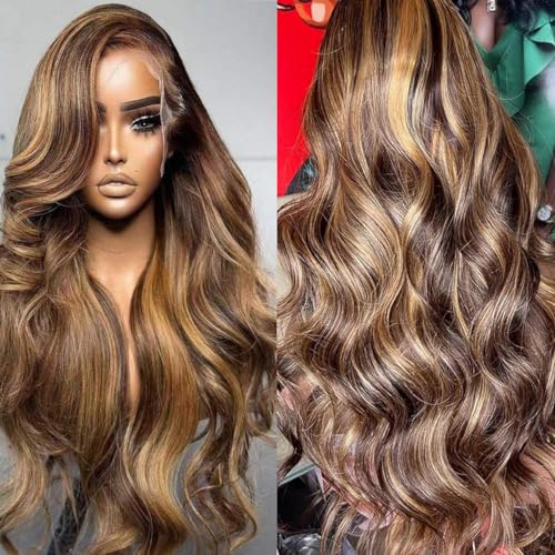 360 Lace Front Wigs Human Hair Full Lace Human hair Wigs Ombre Lace Frontal 180 Density 4/27 Colored Honey Blonde 360 HD Transparent Wigs for Black Women (14 Inch)