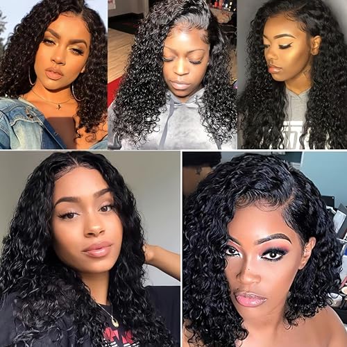Deep Wave 5Bundles(50g/bundle) with 4x4 Lace Closure, Czrleaty Wet and Wavy Curly Human Hair Bundles with Closure, Unprocessed Brazilian Human Hair Extensions (14/14/14/14/14+14)