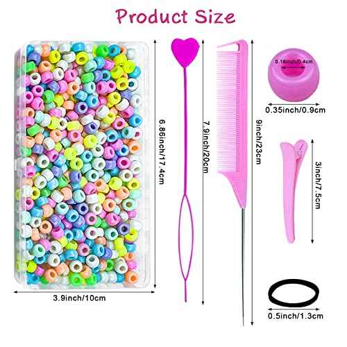 1008 Pcs Hair Beads Set with Hair Styling Tool, 500Pcs Pony Beads, 500Pcs Small Elastic Rubber Bands, 1Pcs Rattail Comb, 2Pcs Duckbill Clips, 5Pcs Quick Beaders for Kids and Girls Hair Braids