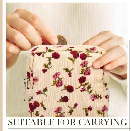 Abbylike 4 Pcs Floral Makeup Bag Cosmetic Bag with Zipper Portable Small Pouches for Purse Toiletry Mini Pouch Cute Mini Makeup Purse for Coin Essentials Items Women (Retro)