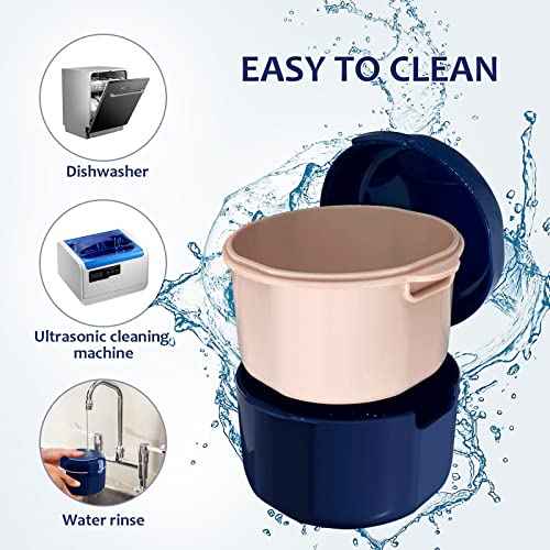 Denture Cup, Denture Bath, Denture Cups for Soaking Dentures, Denture Case with Lid, Denture Bath with Rinsing Basket, Easy to Carry and Clean Retainer Case Denture Cleaning kit