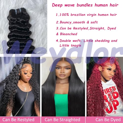 Deep Wave Human Hair Bundles 12A 18 20 22 Inch, 3 Bundle 100% Unprocessed Virgin Brazilian Human Hair Extensions Quick Weave Natural Black, Can be Dyed