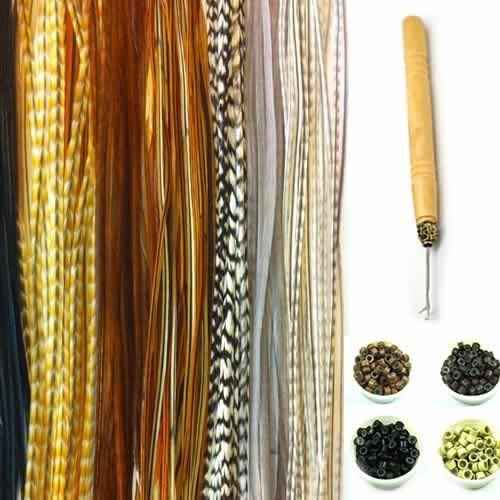 Feather Hair Extension Kit ? 21 Piece Set, 10 Long Genuine Feathers Ranging from 7 to 11 Inches, Includes 10 Micro Beads & Hook Tool (Colors Chosen Randomly)