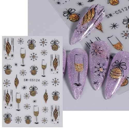 8 Sheets Christmas Nail Art Stickers Glitter Nail Decals 3D Self Adhesive Snowflakes Bells XmasTree Geometric Lines Adhesive Swirl Wave Winter Nail Design French Nail Stickers for Women Nail Design