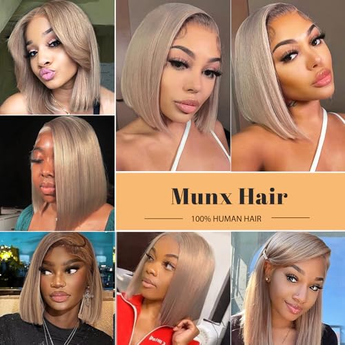 Munx 3x6 HD Lace Front Wigs 100% Human Hair Ash Blonde Bob Wig Pre Plucked 180% Density Glueless Transparent Lace Front Wig for Black Women with Baby Hair 14in Bleached Knots