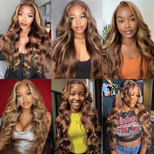 Highlight Ombre Lace Front Wig Human Hair HD Body Wave Lace Front Wigs Human Hair 180% Density 4/27 Colored Honey Blonde Frontal Wig for Women Pre Plucked with Baby Hair 20 Inch