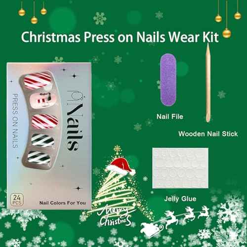 Christmas Press on Nails Short Oval Fake Nail With Christmas Hat Designs Red Green Stripe Full Cover False Nails Xmas Glue on Nail Acrylic Winter Artificial Stick on Nail for Women 24 Pcs