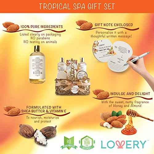 Womens Gifts, Gift Baskets for Women Who Have Everything, Home Spa Honey & Almond Scent, Luxury Bath & Body Set - Shower Gel, Bubble Bath, Body Lotion, Salts, Bath Bomb, Bath Puff & Handmade Basket