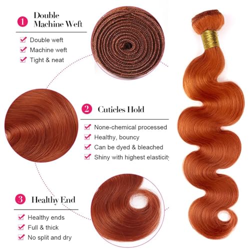 Ginger Body Wave Bundles Human Hair Color 350 Double Weft Brazilian Hair Extersions Burnt Orange Wet and Wavy Bundles Soft Silky for Black Women 20 22 24 Inch