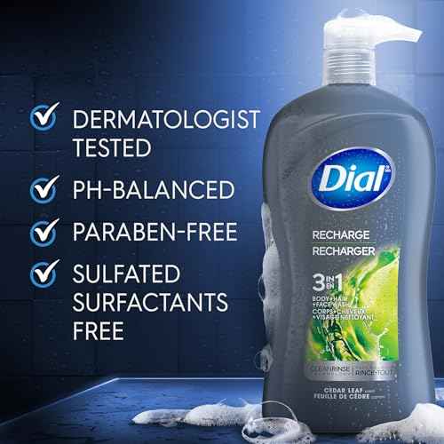 Dial Men 3 in 1 Body, Hair and Face Wash, Recharge, 32 Fl Oz, Cedar Leaf Scent, Cleanses Deep + Gentle on Skin with Clean Rinse Technology
