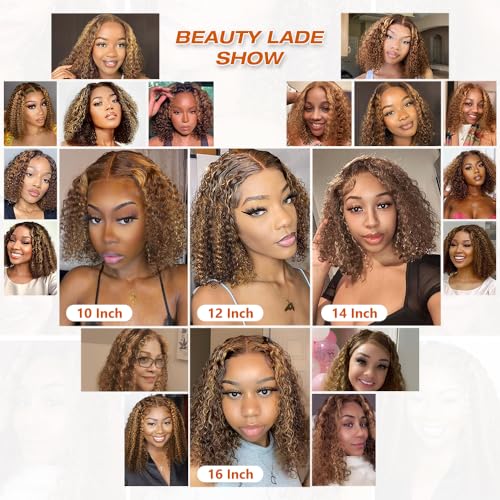 Honey Blonde Glueless Bob Wigs Human Hair Pre Plucked Pre Cut P4/27 5x5 HD Lace Closure Curly Wigs for Black Women Ombre Glueless Wig for Beginners 200 Density