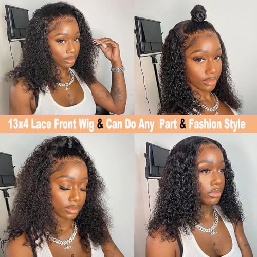 Curly Bob Wig Human Hair 13x4 Deep Wave HD Lace Front Wigs Human Hair 220% Density Short Curly Wet And Wavy Human Hair Wigs for Black Women Glueless curly Wig With Baby Hair (Natural Black, 16 Inch)