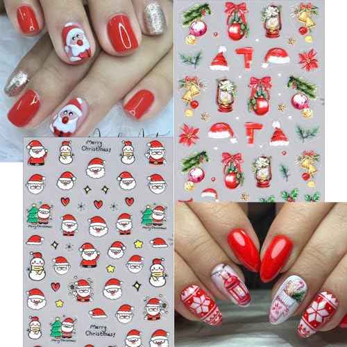 Christmas Nail Art Stickers 6 Sheets Self-Adhesive Santa Claus Nail Stickers Cute Gingerbread Man Snowman Nail Decals Christmas Tree Bell Gift Flower Nail Art Design Stickers for Women Manicure DIY