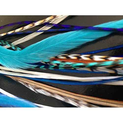 21 pcs Feather Hair Extensions Kit 100% Genuine Bohemian Rooster Feathers Grizzly and Solid 10 6-11" long feathers bonus hook tool and beads included. The 'Ocean Breeze' Collection by Exotic Feathers