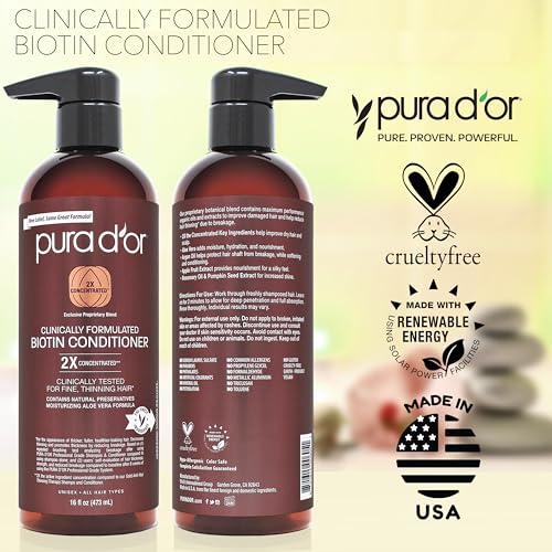 PURA D'OR 16 Oz Clinically Formulated Biotin Conditioner - Daily Hair Care Routine For Thinning Hair - 2X Concentrated Herbal Blend Hair Thickening Products For Women & Men