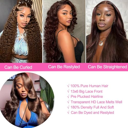 14 Inch Chocolate Brown Lace Front Wig Human Hair 180 Density 13x6 Body Wave Lace Front Wigs Human Hair Pre Plucked Colored Frontal Wigs Human Hair Brown Wig Human Hair Wigs for Women