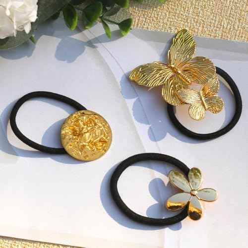 Metal Hair Ties for Women Gold Flower Hair Tie Elastic French Gold Ponytail Holders Butterfly Hair Scrunchies for Thick Thin Christmas Gift for Xmas Party Small Circle Hair Cuffs Hair Accessories 3Pcs