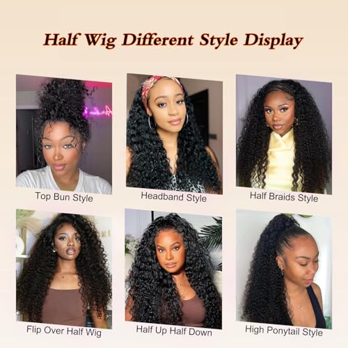 XSY Half Wig Human Hair Deep Wave 20 Inch Curly Half Wig 3 In 1 Drawstring Seamless Flip Over Glueless Wear Go Half Wigs for Black Women Beginner Friendly 180% Density Natural Black