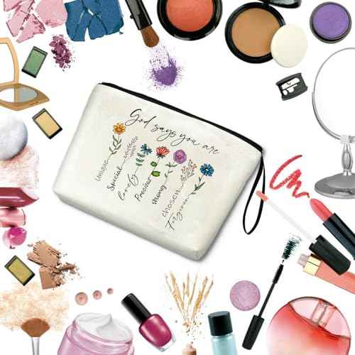 God Says You Are Christian Bible Verse Zipper Bag, Christian Quotes Makeup Bag Cosmetic Pouch God Says You Are Unique Floral Inspirational Affirmations Faith Gift for Women Jesus Religious Gift