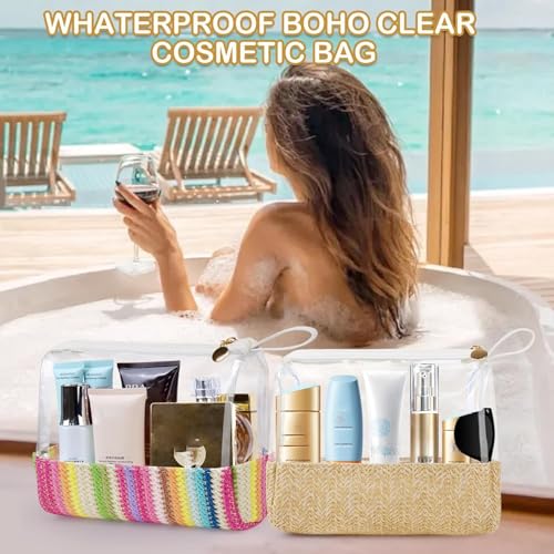 Boho Straw Makeup Bag,Small Clear Travel Cosmetic Bag Aesthetic Waterproof Portable Toiletry Bag,Preppy Cute Transparent TPU Zipper Purse Travel Beach bags sunscreen bag for Women Girls
