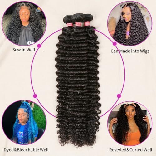 Deep Wave Human Hair Bundles £¨12 14 16 £©12A 100% Unprocessed Brazilian Virgin Human Hair Deep Curly Human Hair Weave 3 Bundles Extensions for Black Women Natural Color
