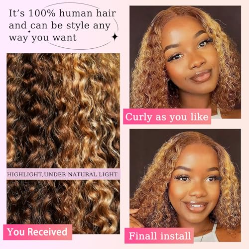 Bob Wig Human Hair Highlight Ombre 13x6 Frontal Lace Wig Deep Curly Virgin Human Hair Wig Pre Plucked HD Transparent Lace Frontal Wigs for Women 14 Inch