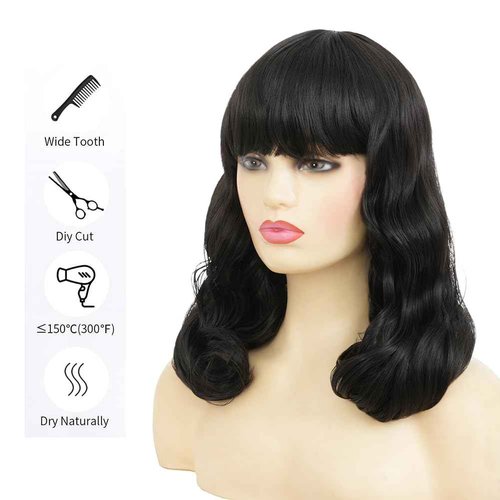 Dai Cloud Black Finger Wave Wigs for Women Long Curly Black Wigs with Bangs 1920s Women Vintage Hair Halloween Cosplay Party Costume Wig