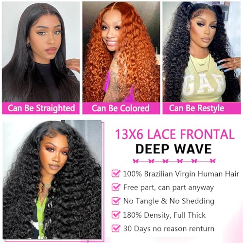 Deep Wave Lace Front Wigs Human Hair 13x6 HD Lace Front Wigs Pre Plucked With Baby Hair 180% Density Curly Wigs for Black Women Natural Color 24 Inch