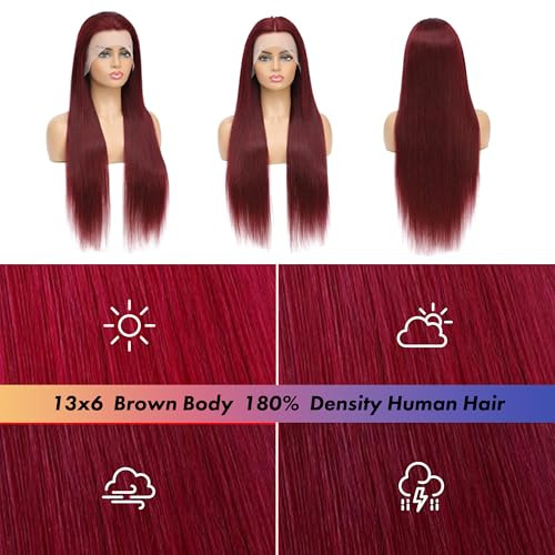 99j Burgundy Straight Wig Human Hair 13x6 Hd Lace Front Human Hair Wigs For Black Women Glueless Lace Front Wigs Pre Plucked 180% Density 22 Inch