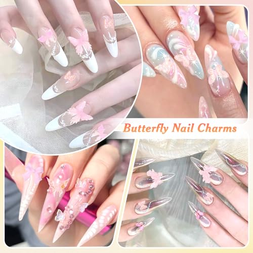 3D Pink Butterfly Nail Charms, Multi Styles Bow Tie Nail Charms and Rhinestones, Summer Butterfly Nails Bow Half White Pearls Charms for Acrylic Nails Art DIY Acessories