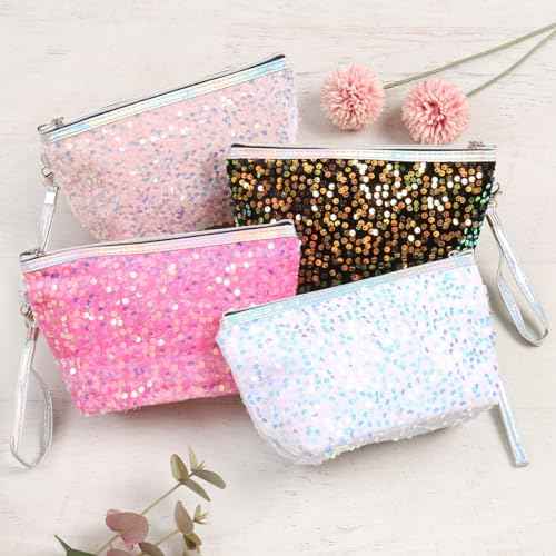 RIAH FASHION Pouch Clutch Organizer Bag - Travel Cosmetic Makeup Toiletry Jewelry Cute Sequin Purse Adjustable Strap (Sequin Glitter Cosmetic Pouch - Pink)