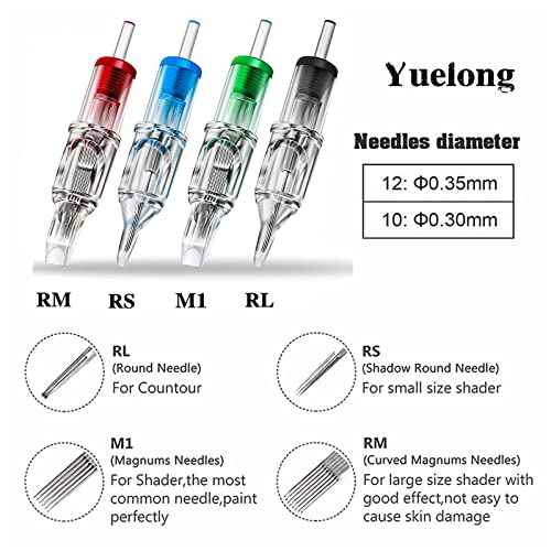 Yuelong 80pcs Cartridge Needles Disposable Sterilized Needle Cartridges Round Liner Shader Assorted Size 1005 1007 1009RL 1205 1207RS 1205 1207M1 1209M1