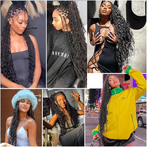 Crochet Boho Box Braids With Human Hair Pre Looped Hair Goddess Box Braids With Human Hair Curly Full Ends Hair Extensions For Women Natural Black Color 18inch 1 Pack(40 Strands)