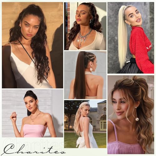 Ponytail Extension, 16 Inch Claw Clip Ponytail Extension Human Hair Long Straight Jaw Clip in Real Hair Pony Tails Hairpieces for Women Dark Brown