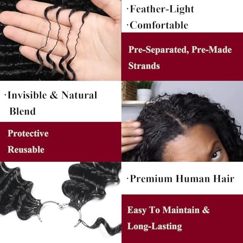 Human Crochet Hair for Black Women Deep wave Crochet Human Hair Bundles 18 Inch 50g Pre-Separated Feather Crochet Human Hair Deep Wavy Invisible Crochet Hair Extensions 40 Strands Natural Black