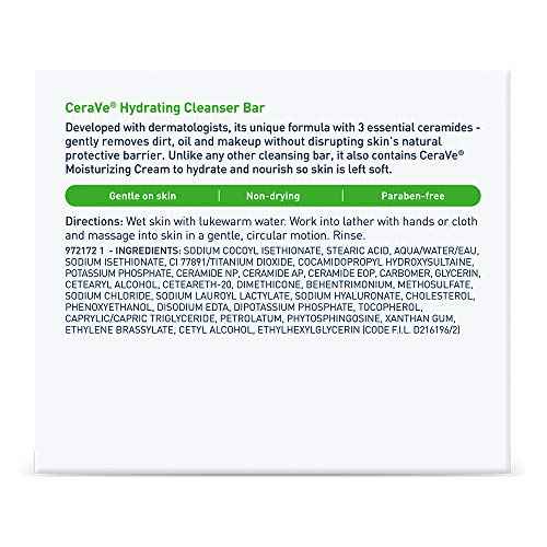 CeraVe Hydrating Cleanser Bar, Soap-Free Body and Facial Cleanser with 5% Cerave Moisturizing Cream, Fragrance-Free, 2-Pack, 4.5 Ounce Each