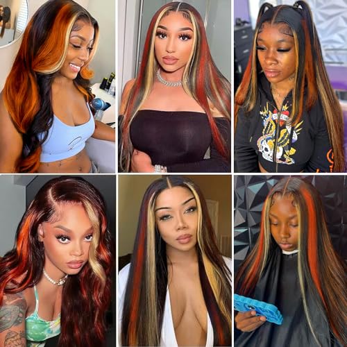 Ginger Blonde Highlight Lace Front Wigs Human Hair Skunk Stripe 13x4 Lace Frontal Wig Straight Black Ginger and Blonde Ombre Colored Wigs Glueluess Human Hair 18 Inch 180% Density Pre Plucked