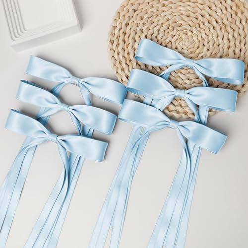 Hair Bows Clips Ribbon Bowknot with Long Tail 6 PCS,Coquette Bow Hair for Girls Sky Blue Hair Bows Barrettes Hair Accessories Cute Hair Accessories for Women and Teens