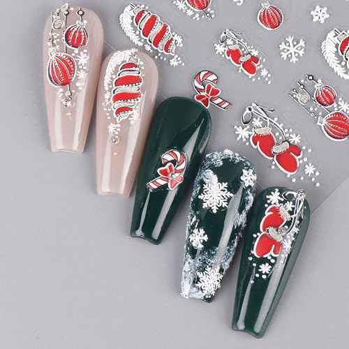 Christmas Nail Stickers Snowflake Nail Decals 5D Exquisite Embossed Nail Art Supplies Christmas Bells Gloves Feather Design Self-Adhesive Nail Art Stickers Xmas Nail Decoration for Women, 3 Sheets