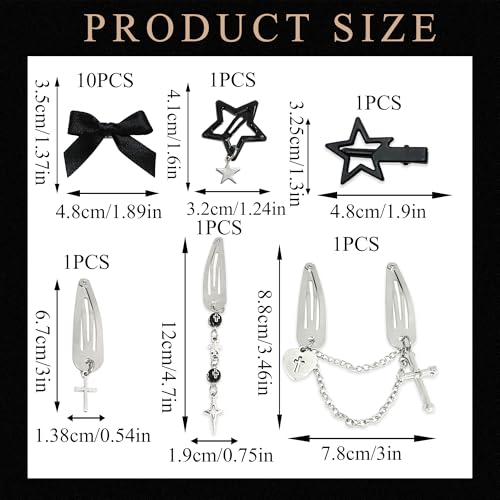 15PCS Sliver Hair Clips Black Small Hair Bows Dangle Cross Clips Metal 6 Shapes Pentagram Star Barrettes Gothic Snap Clips Punk 2000s Y2K Hair Accessories for Women