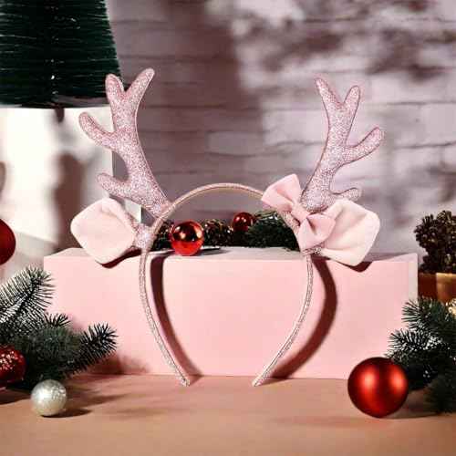 Christmas Headband Reindeer Antlers Headbands for Women Glitter Deer Ears Hair Bands Furry Deer Horn Cute Pink Bow Hair Band Sequin Pink Elk Horn Headwear Xmas Christmas Party Hair Accessories 1Pcs