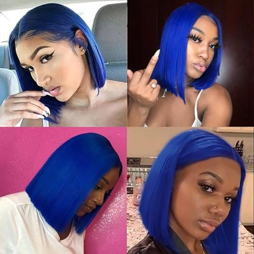 13x4 Lace Front Wigs Human Hair HD Lace Frontal Wig Human Hair Pre Plucked Glueless Blue Bob Wigs 180% Density 12 Inch Straight Dark Blue Short Bob Wigs for Black Women