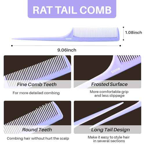 RHOS Rat Tail Comb for Parting, Fine Tooth Teasing Comb with Pick, 2 Pack Hair Styling Combs Set for Women and Men, Pink & Purple, Plastic, Unisex