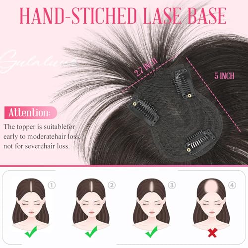 Hair Toppers for Women Real Human Hair with Bangs 10 Inch Upgrade Swiss Lace Base Toppers Hairpieces with Thinning for Daily Wear (Dark Brown
