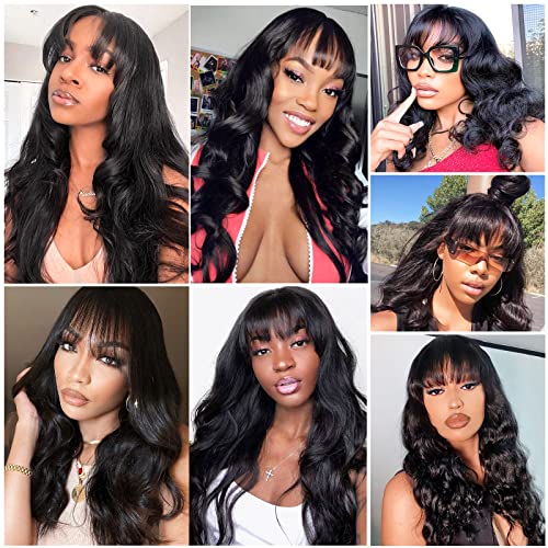 Lativ Body Wave Wigs with Bangs Human Hair Wigs for Black Women None Lace Front Wigs 150% Density Brazilian Virgin Hair Glueless Machine Made Wig Natural Color(20 Inch, Body Wave)