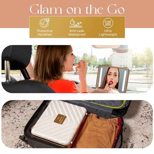 Lighted Makeup Case with Mirror - Portable Travel Makeup Organizer with LED Mirror, 3 Light Settings, Rechargeable Makeup Bag with Mirror and Light - Mini 10x Mirror included