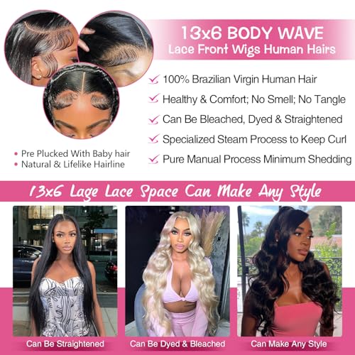 13x6 Lace Front Wigs Human Hair Pre Plucked 200% Density Body Wave HD Lace Front Wigs Human Hair Wigs Virgin Human Hair for Women Natural Black 24 Inch